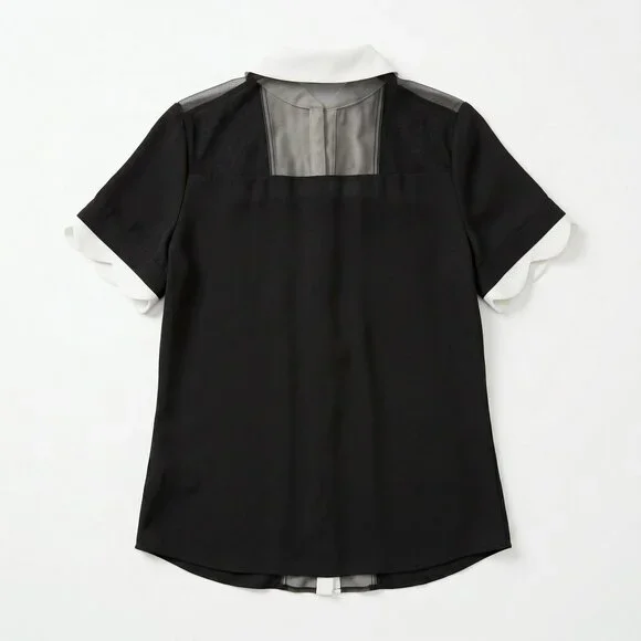 Anne Fontaine Black White Scalloped Mesh Sheer Center Blouse 38 US 6 - Picture 3 of 7